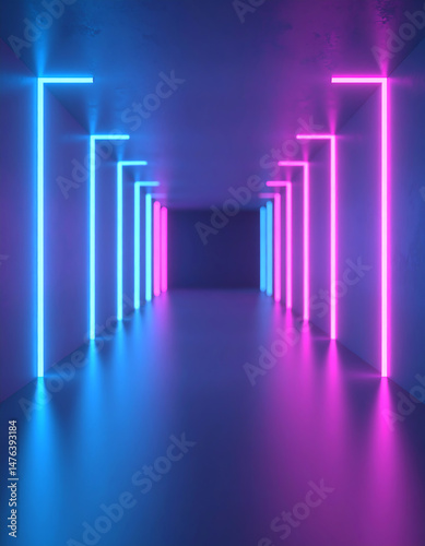 A vibrant corridor illuminated by blue and pink neon lights, creating a striking visual effect in a modern, minimalistic space