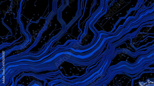 Microscopic view of circuit board reinterpreted as flowing cobalt rivers on obsidian, no recognizable components