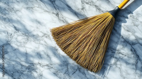 Realistic close up of a broom with a rubber grip handle, leaning against a freshly swept marble floor, subtle reflections on the surface