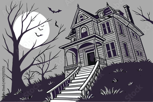60 eerie haunting house, abandoned stairs, moody night, moonlight, dramatic lighting, high contrast, atmospheric, dark shadows, creepy, gothic style