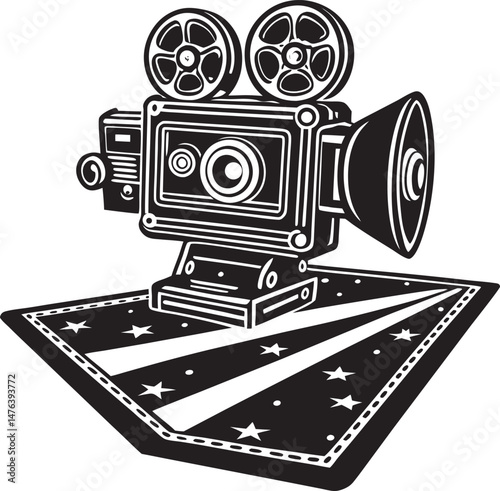 Stylized entertainment industry artwork showing movie equipment and theater stage in clean silhouette style.