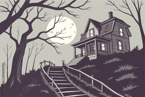 60 eerie haunting house, abandoned stairs, moody night, moonlight, dramatic lighting, high contrast, atmospheric, dark shadows, creepy, gothic style