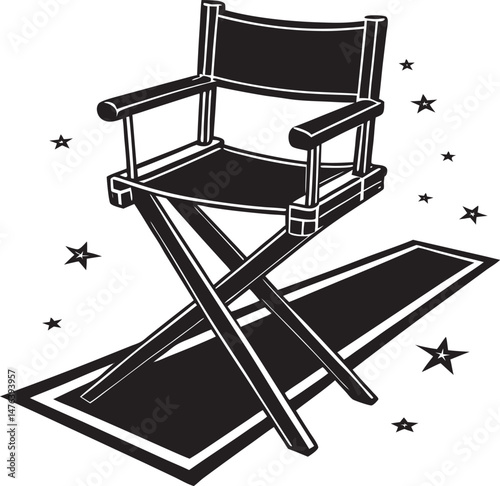 Stylized entertainment industry artwork showing movie equipment and theater stage in clean silhouette style.