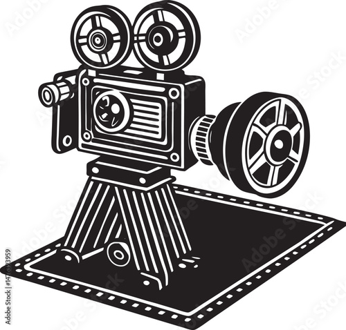 Stylized entertainment industry artwork showing movie equipment and theater stage in clean silhouette style.
