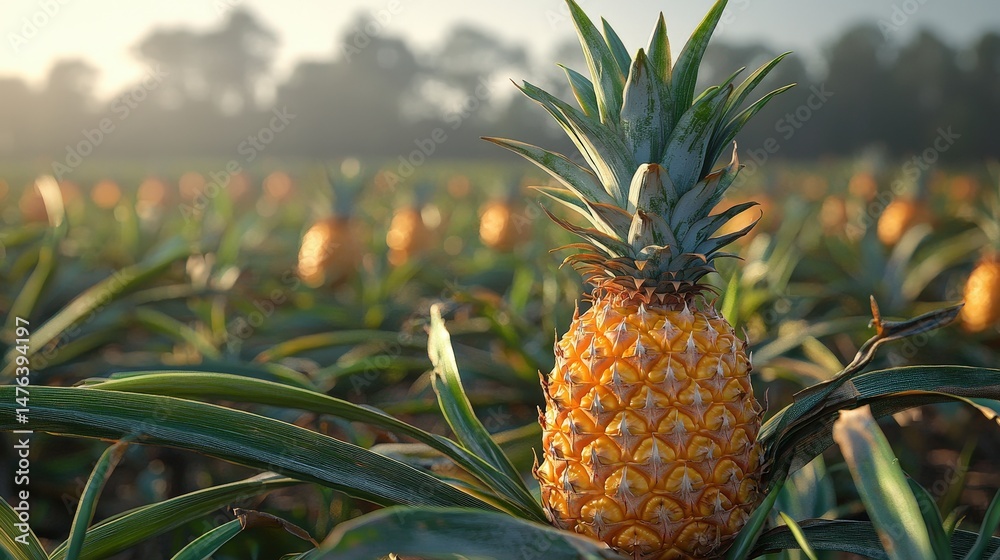 Obraz premium Pineapple field, morning light, tropical produce.