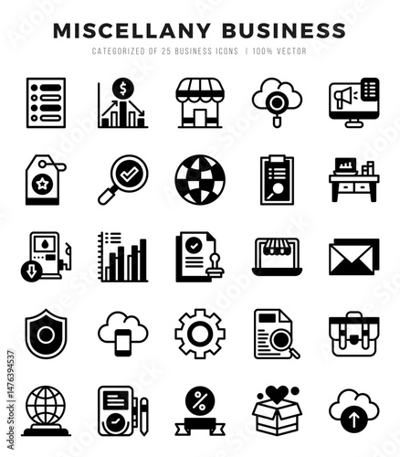Collection of Miscellany Business 25 Lineal Filled Icons Pack.