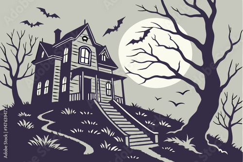 60 eerie haunting house, abandoned stairs, moody night, moonlight, dramatic lighting, high contrast, atmospheric, dark shadows, creepy, gothic style