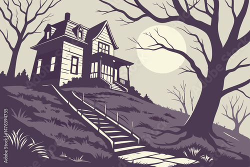 60 eerie haunting house, abandoned stairs, moody night, moonlight, dramatic lighting, high contrast, atmospheric, dark shadows, creepy, gothic style