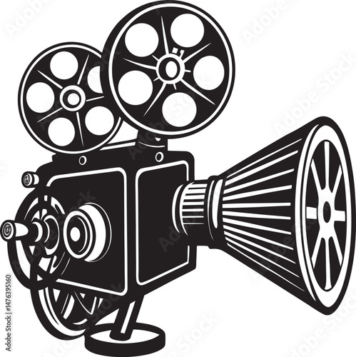 Stylized entertainment industry artwork showing movie equipment and theater stage in clean silhouette style.