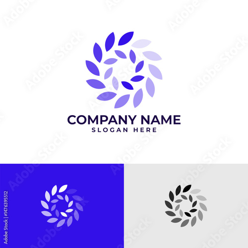 Elegant circular logo with stylized leaves or petals in varying shades of blue. Abstract, organic design. Versatile vector for nature, wellness, beauty, or eco-friendly brands. Serene and modern.