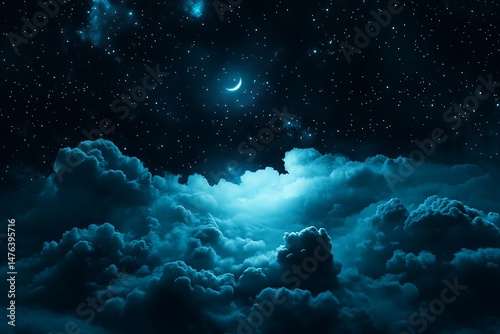 
Black dark turquoise blue white night sky. Cloud star constellation galaxy nebula universe space dream fly sleep. Light moon glow twinkle. Fantasy, fantastic, epic.

