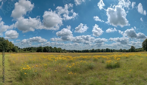 Panoramic view of a sunny meadow with wildflowers, a clear blue sky, and a line of trees in the distance. Lush yellow wildflowers fill the foreground,