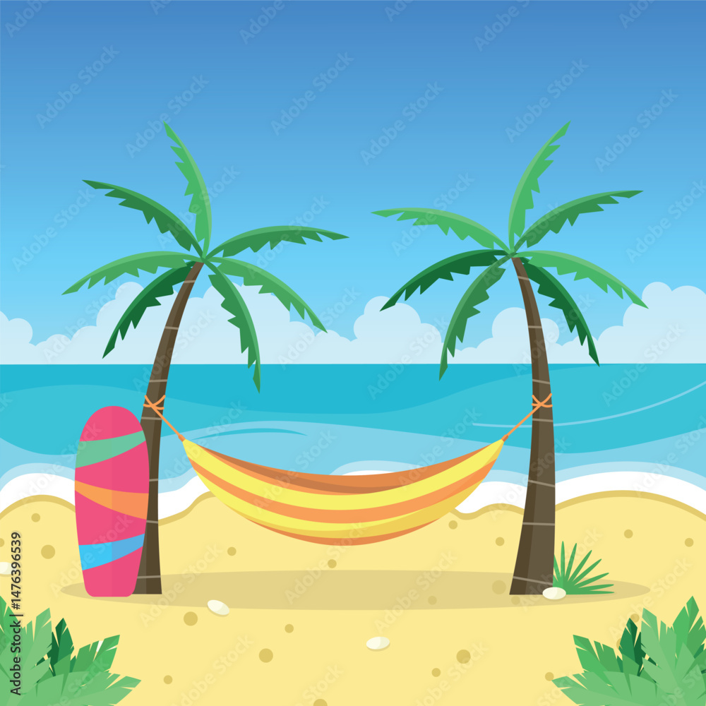 Obraz premium Landscape with palm trees, hammock and surfboard on the ocean shore. Island vacation. Tourism.