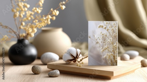 A vase of flowers sits on a wooden tray next to a white cotton ball