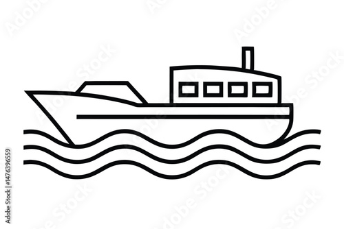 Vector illustration of sea transportation vessels, including ships, boats, and fishing boats, as silhouettes or cartoon icons on the water