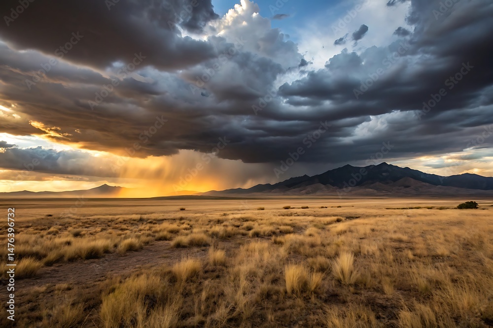 Obraz premium Dramatic Sunset Over a Vast Desert Landscape with Mountains and Storm Clouds