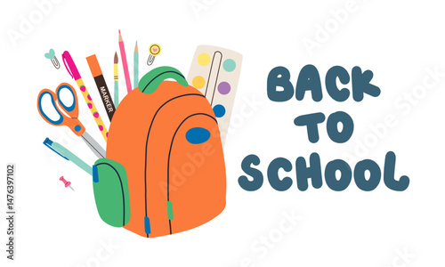 Back to school, online school banner, poster. Orange backpack with school supplies on the background of a checkered paper with different doodle scientific icons, vector illustration