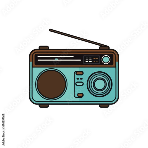 Vintage Retro Radio Boombox Teal Brown Design Illustration Graphic Music Audio Player Old School Classic Style Broadcast Station Antenna Receiver Electronic Device Flat Design Simple Minimalist Vector
