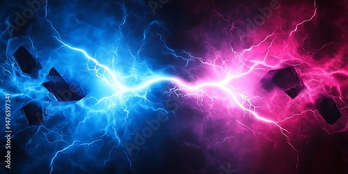 Abstract electric lightning in vivid blue and pink hues symbolizes conflict and confrontation. Versus screen in gaming. A vibrant display of electric energy in blue and pink hues.

-