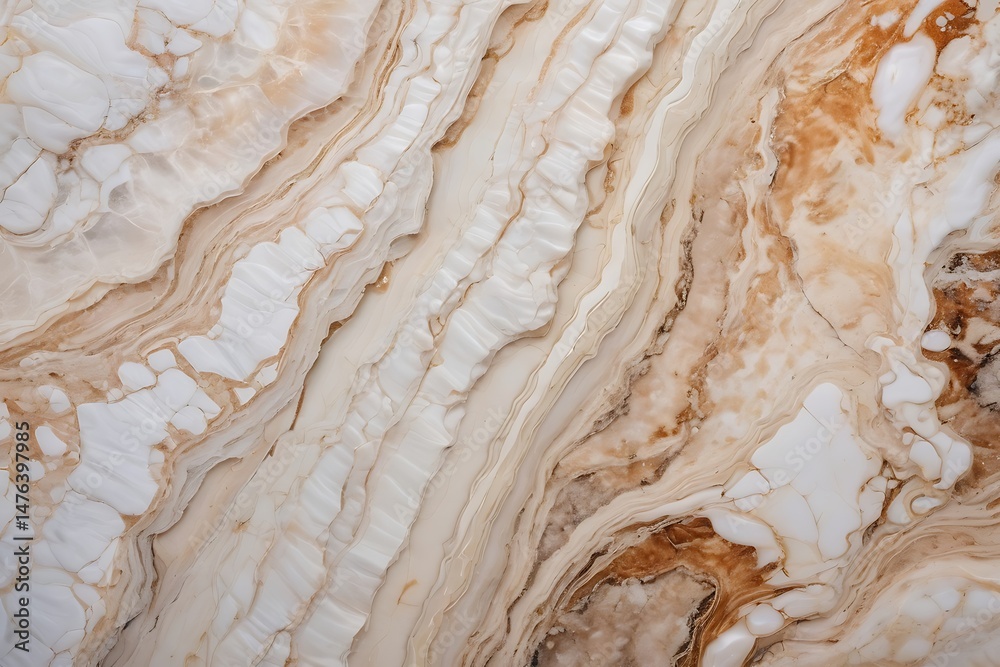 Obraz premium Detailed Close-Up of Polished Honey Onyx Slab with Cream and Brown Veins, Revealing Intricate Patterns and Texture, Ideal for Interior Design and Decoration.