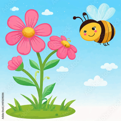 Friendly Bee with Blossoming Flowers