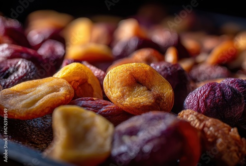 Colorful Assortment of Dried Fruits with Rich Textures in Focus, Showcasing Natural Sweetness and Healthy Snack Options