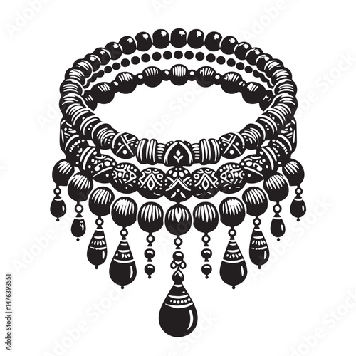 Beaded Bracelets Silhouette line art vector illustration on white background