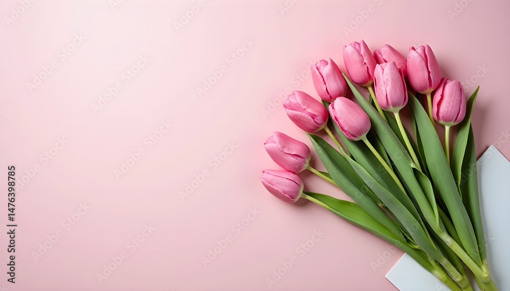 Obraz premium A bouquet of pink tulips on a pastel pink background with a white envelope