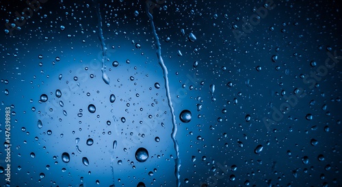 Water Drops on Glass Blue Background