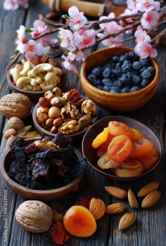 Colorful assortment of dried fruits, nuts, and blossoms arranged on wooden table, showcasing healthy snack choices for nutrition and wellness
