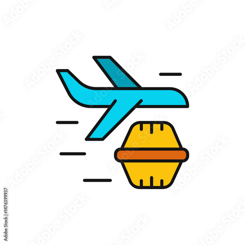 Travel Snack Icon with Food Box and Airplane Symbol.