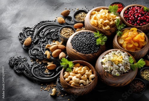 Colorful assortment of dried fruits, nuts, seeds, and pasta arranged in wooden bowls on dark textured background showcasing healthy ingredients and culinary creativity