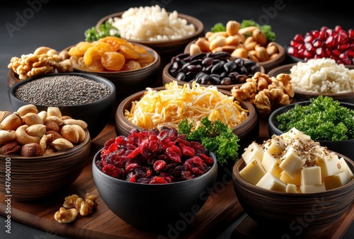 Colorful assortment of dried fruits, nuts, seeds, grains, and cheese displayed in rustic bowls on a wooden platter for healthy eating or cooking inspiration