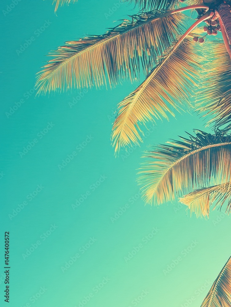 Fototapeta premium Palm tree fronds against bright blue sky in tropical location, low angle view, summer vacation vibe, teal and gold tones