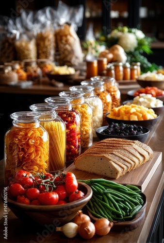 Colorful assortment of fresh ingredients displayed elegantly on a wooden table, featuring pasta, vegetables, fruits, and jars of sauces in a warm kitchen atmosphere.