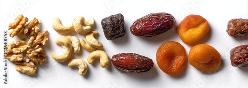 Colorful assortment of nuts and dried fruits including walnuts, cashews, apricots, and dates arranged on a white background for healthy eating concept