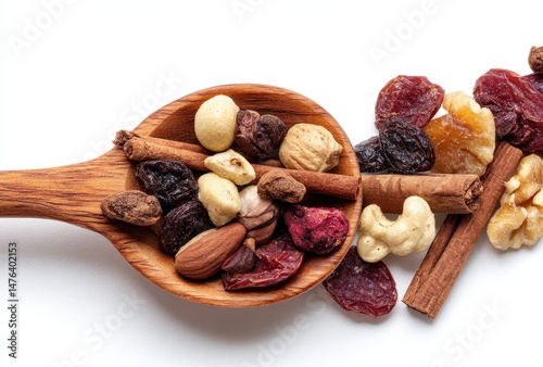 Colorful assortment of nuts, dried fruits, and spices on a wooden spoon against a bright background, ideal for healthy snack ideas and culinary inspiration
