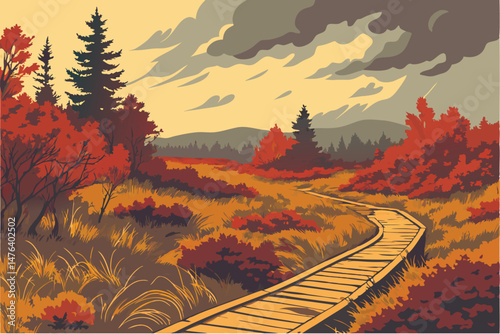 3 stunning autumn landscape, boardwalk trail through vibrant foliage, colorful forest, dramatic cloudy sky, scenic countryside vista, detailed landscape photography, cinematic lighting, vivid colors, 