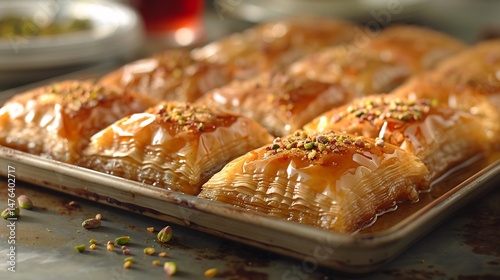 syrup tray of freshly baked baklava layered with pistachios and A