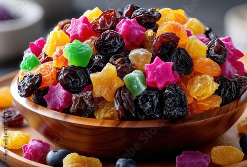 Colorful Assortment of Vibrant Jelly Candies and Dried Fruits in a Wooden Bowl Perfect for Dessert or Snack Ideas