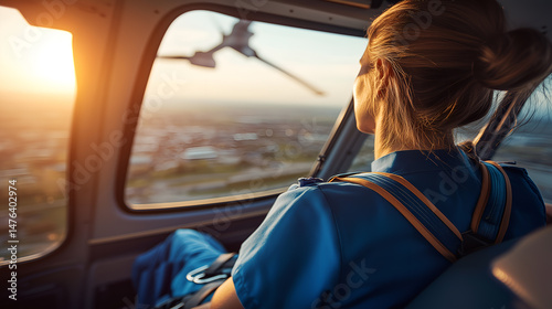 An adventurous pilot's perspective from inside an aircraft as it soars into the sun. The aircraft provides a stunning view of the landscape during sunset