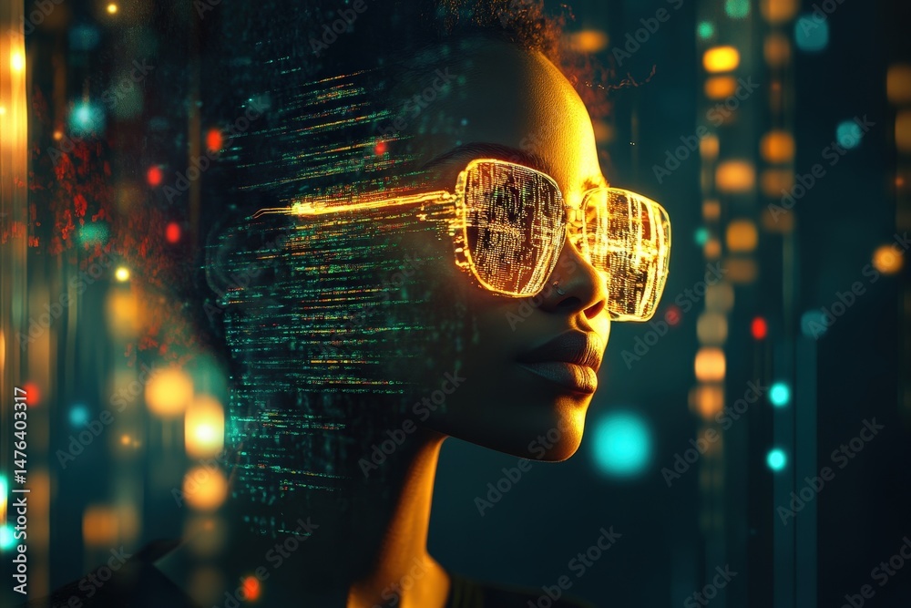 custom made wallpaper toronto digitalProfile view of a person wearing futuristic glasses with digital code overlay.