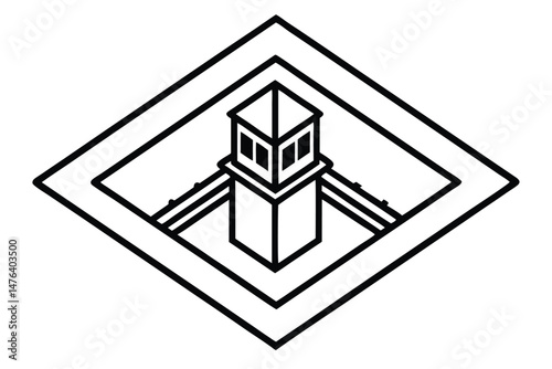 Modern Isometric Railway Station Logo in Vector Line Illustration
