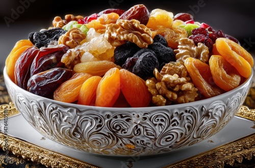 Colorful Bowl of Dried Fruits and Nuts Displayed on an Elegant Plate with Intricate Design, Showcasing a Variety of Healthy Snack Options and Natural Colors