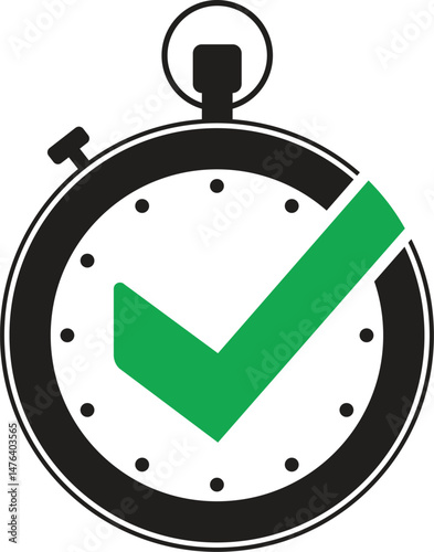 Stopwatch icon with a green check mark symbolizing time management, deadline and completion	