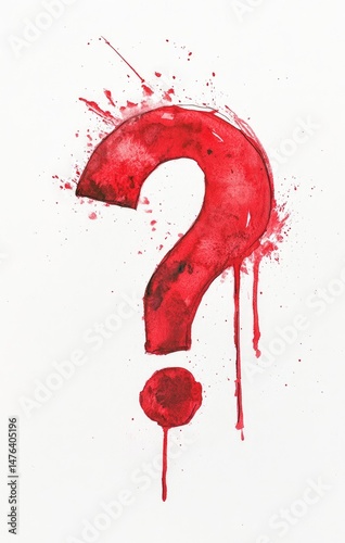 Red watercolor question mark with splatters and drips