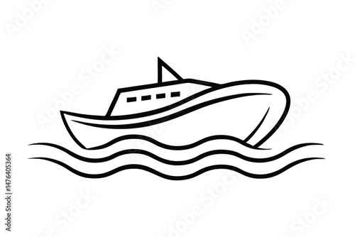 A vector silhouette illustration shows a boat, perhaps a yacht or fishing vessel, on the sea