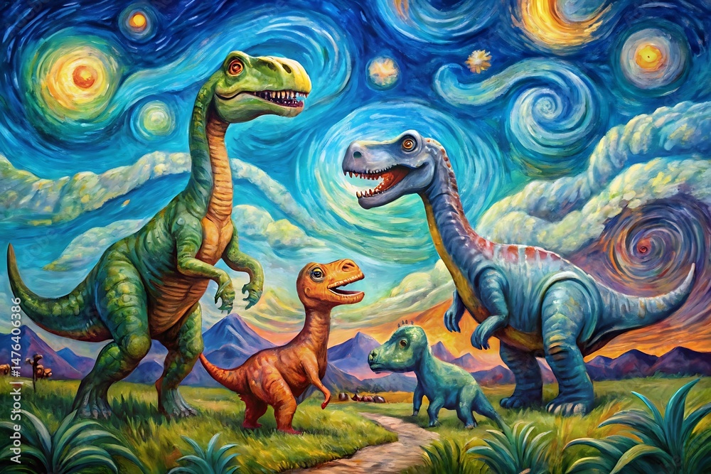 Fototapeta premium Painting of a family of dinosaurs. Graphic, vector, illustration, art, icon, design, clipart, cartoon, sketch, watercolor, mockup, abstract, digital, stock, images, AI