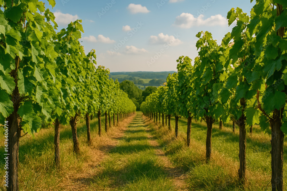 Naklejka premium Rows of green grapevines grow in sunny vineyard with clear blue sky and distant hills, creating peaceful and vibrant agricultural landscape