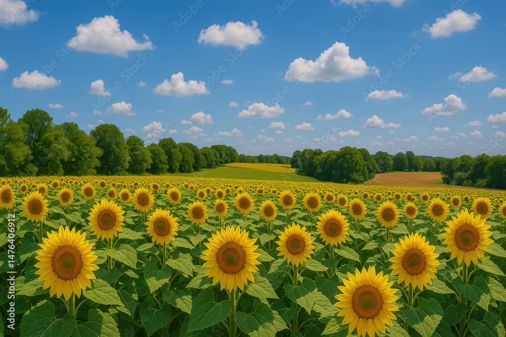 Obraz premium Vibrant sunflower field under bright blue sky with scattered white clouds, surrounded by lush green trees and rolling hills, creating peaceful and cheerful landscape